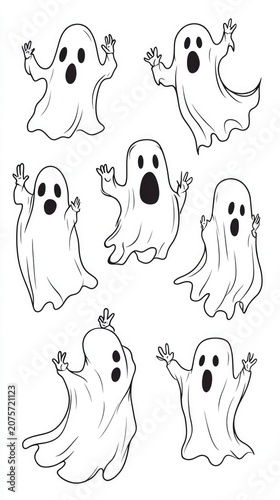 Cute Cartoon Ghost Character Collection Halloween Doodle Illustration Set