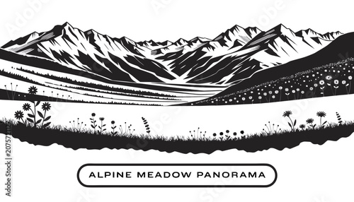 Canvas Print Very beautiful black and white vector of an ALPINE MEADOW PANORAMA with a bold l