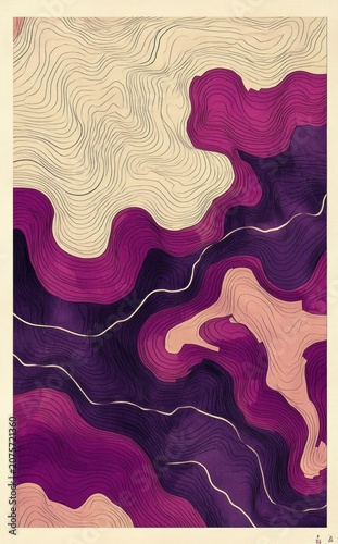 Abstract Topographic Landscape Artwork with Flowing Contour Lines in Purple and Beige Tones