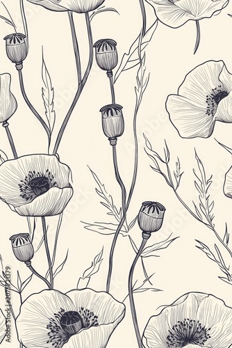 Elegant Botanical Seamless Pattern with Vintage Poppy Flowers and Seed Pods Line Art Illustration