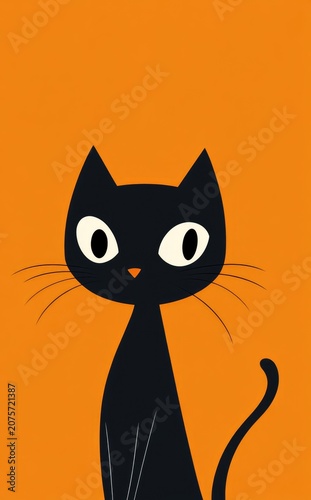 Minimalist Black Cat Illustration on Bright Orange Background Halloween Style Design