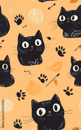 Cute Black Cat Seamless Pattern with Paw Prints Yarn Balls and Playful Elements