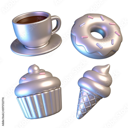 3D Silver Metallic Dessert and Coffee Cafe Icon Set