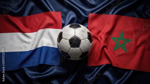 Soccer ball between the flags of the netherlands and morocco