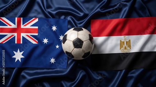 Soccer ball between the flags of australia and egypt on a dark blue satin background