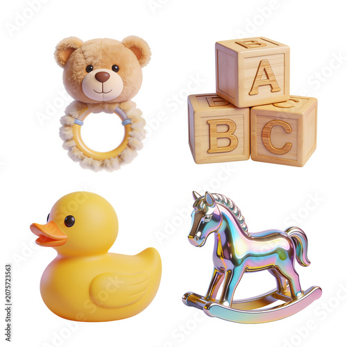 3D Cute Baby Toys and Wooden ABC Blocks Icon Set