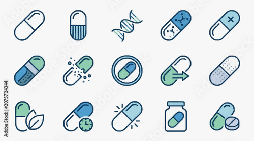 Medical Pill Icons and Genetic Symbols.