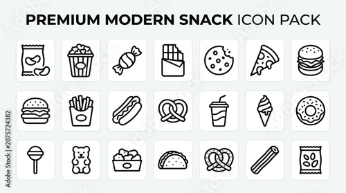 Modern snack food icon set featuring variety of delicious fast food items like hamburger pizza popcorn and various sweet treats rendered in clean linear style for digital menu.