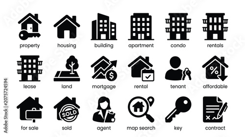 Fotografie Real estate glyph icons set illustrating property housing building apartment condo rentals lease land mortgage rental tenant and affordable options