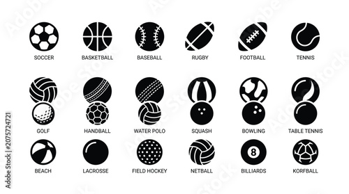Sporting equipment icon set showing wide range of athletic balls including soccer basketball football baseball rugby tennis golf volleyball handball bowling and table tennis.