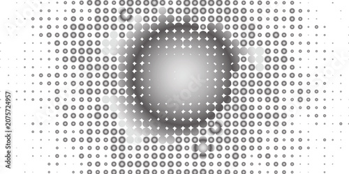 Abstract grayscale halftone pattern design with concentric circles and varying dot sizes creating a visually compelling and dynamic effect. A carefully balanced composition with 