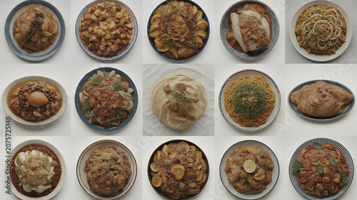 Variety of traditional Asian dishes with meat and vegetables on plates  culinary delights transparent background