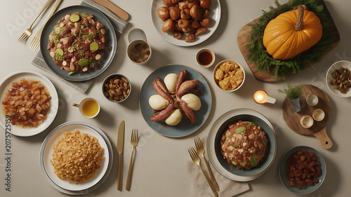 Variety of traditional holiday dishes served on table with pumpkin and lit candles overhead view transparent background