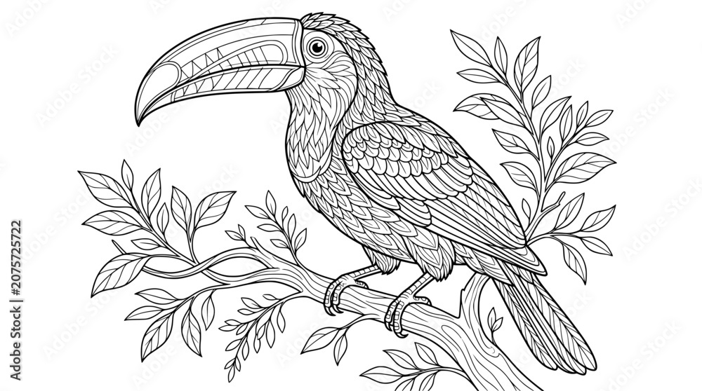 Obraz premium Detailed Toucan Perched on Branch – Black and White Line Art