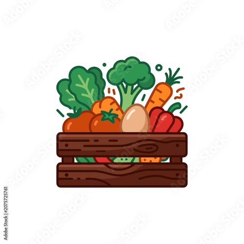 Fresh Vegetables and Egg in Wooden Crate - Healthy Food Illustration