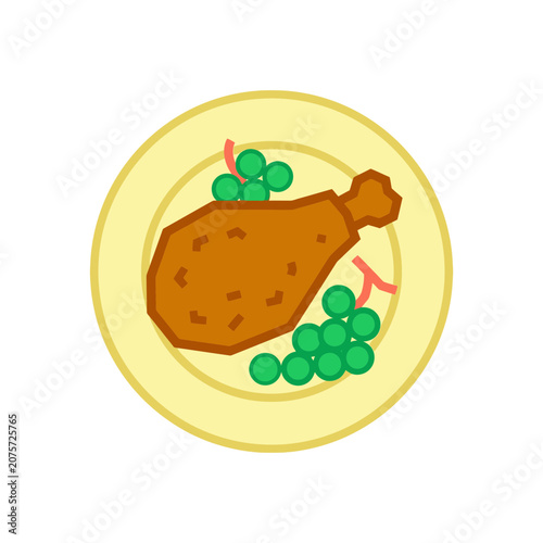 Fried Chicken Leg with Peas on Plate, Simple Flat Design