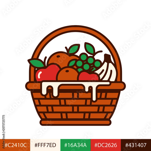 Fruit Basket Icon: Fresh Fruits Assortment, Healthy Food, Vector Art