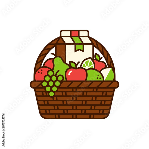 Fruit Basket Icon with Juice Carton - Healthy Food Illustration
