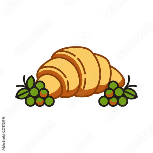 Golden Croissant with Grapes and Leaves Illustration