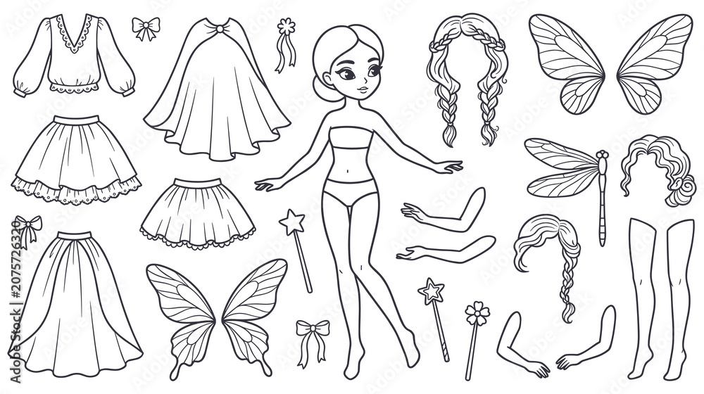 Fototapeta premium Fairy paper doll dress up kit with magical outfit accessories.