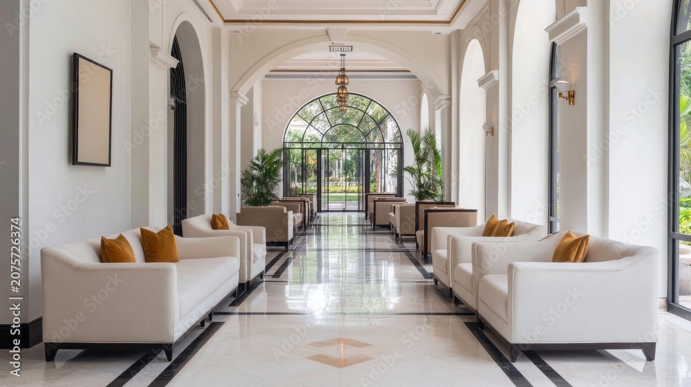 Fototapeta premium A bright, luxurious, symmetrical hallwaylobby. White walls, whitecream sofas with mustardgold pillows, marblepolished floor with black borders, arched doorways, a large arched glass