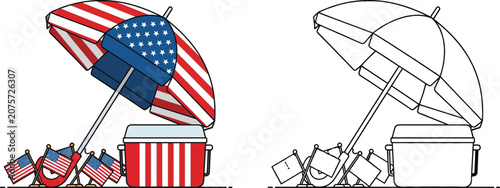 4th of July Picnic Setup with American Flag Umbrella and Cooler