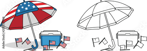 Patriotic Beach Umbrella and Cooler with US Flags 4th of July Setup