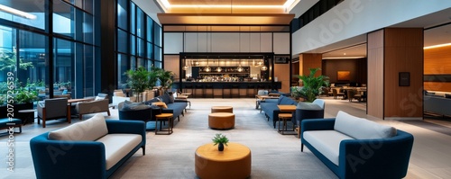 A luxury hotel loungelobby. Modern, upscale, symmetrical, airy, sophisticated. Symmetrical composition, wide-angle shot, vanishing point towards a bar. High ceilings