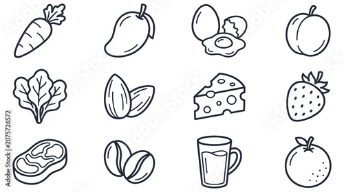 Obraz na plátně Common food items and nutrient icons in line art style.