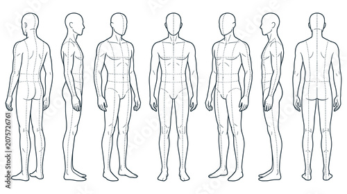 Εκτύπωση καμβά Male body template with measurement lines in six views.