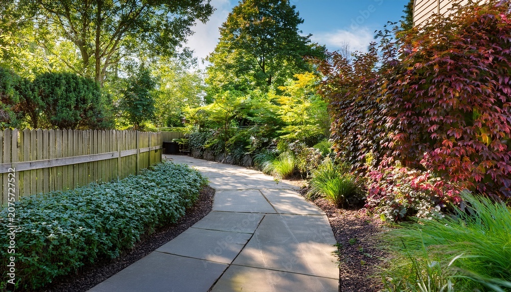 Obraz premium tranquil corner garden design with vibrant foliage and a privacy fence framing a sunny concrete path