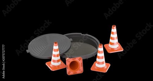 Open sewer manhole with round cover and orange traffic cones  rotation animation seamlessly loopable. 3D rendering isolated on transparent background