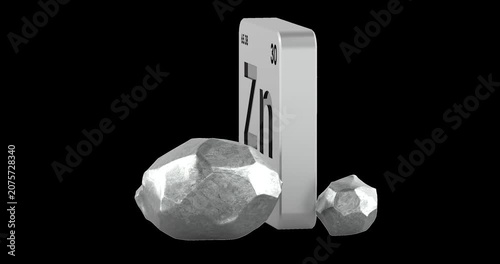 Zinc element tile and zinc rocks rotation animation seamlessly loopable. 3D rendering isolated on transparent background