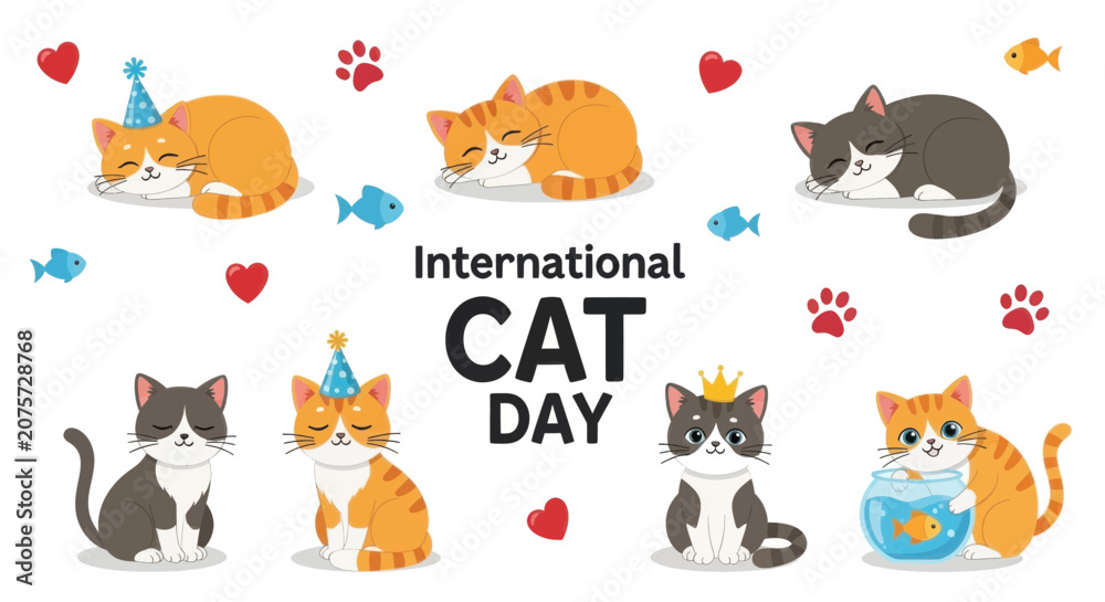 Obraz premium International cat day celebration with cute cartoon cats