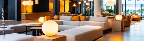 Luxurious hotel lounge or upscale lobby. Large white modular sofa, orangeyellow accent pillows, egg-shaped glowing lamps, tall floor lamps, dark paneled walls, large glass windows with