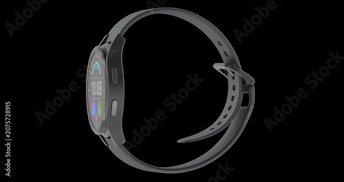Black smartwatch fitness tracker rotation animation seamlessly loopable. 3D rendering isolated on transparent background