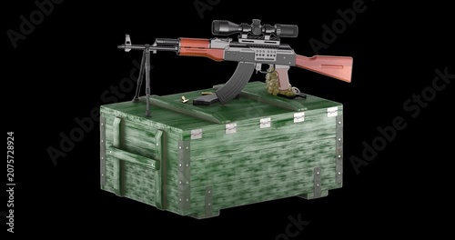 Assault rifle with telescopic sight and bipod, hand grenades on military wooden ammunition box rotation animation seamlessly loopable. 3D rendering isolated on transparent background