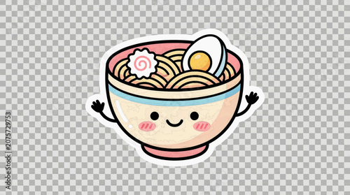 Cute Kawaii Ramen Bowl Sticker Illustration with Smile Face Noodles and Egg