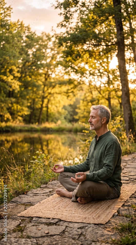 Obraz premium Mature man meditating peacefully by tranquil lake at sunset embracing self care and mental wellness