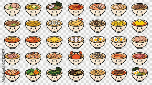 Kawaii ramen bowl cartoon icons set with cute smiley faces and diverse toppings