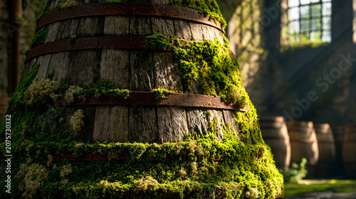 A historic wooden wine container featuring corroded rusty iron bands wrapped in dense green moss patches under a soft light