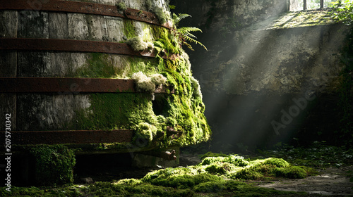Powerful chiaroscuro lighting highlights the vibrant green moss on an old wooden wine vat inside a historic stone cellar