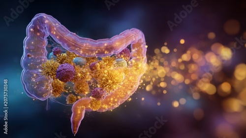 3D render of human intestine with glowing gut microbiome bacteria concept