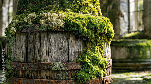 Archaeological remnants of a 19th-century wooden wine fermentation vessel covered in thick moss inside an old Australian cellar