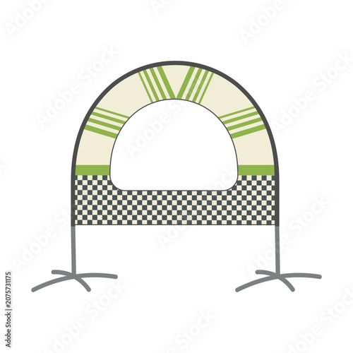 Arched drone racing gate or agility obstacle with green stripes and checkerboard base