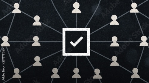 Network of connected user icons with central checkbox on dark background
