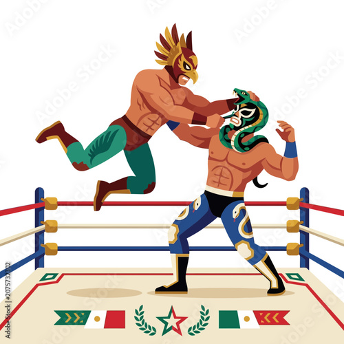 Lucha Libre Wrestlers Fighting in Ring, Mexican Wrestling