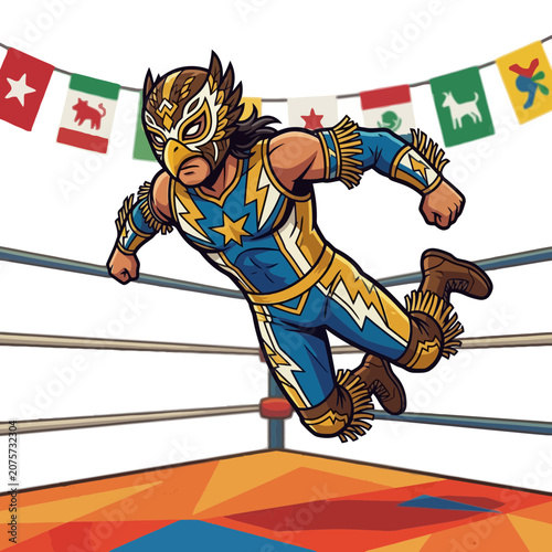Luchador Wrestler Flying in Ring with Flags