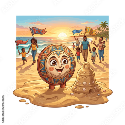 Happy Family Beach Day with Cartoon Character and Sandcastle