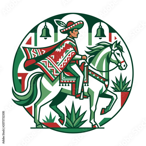 Man in Poncho Riding Horse with Mexican Design